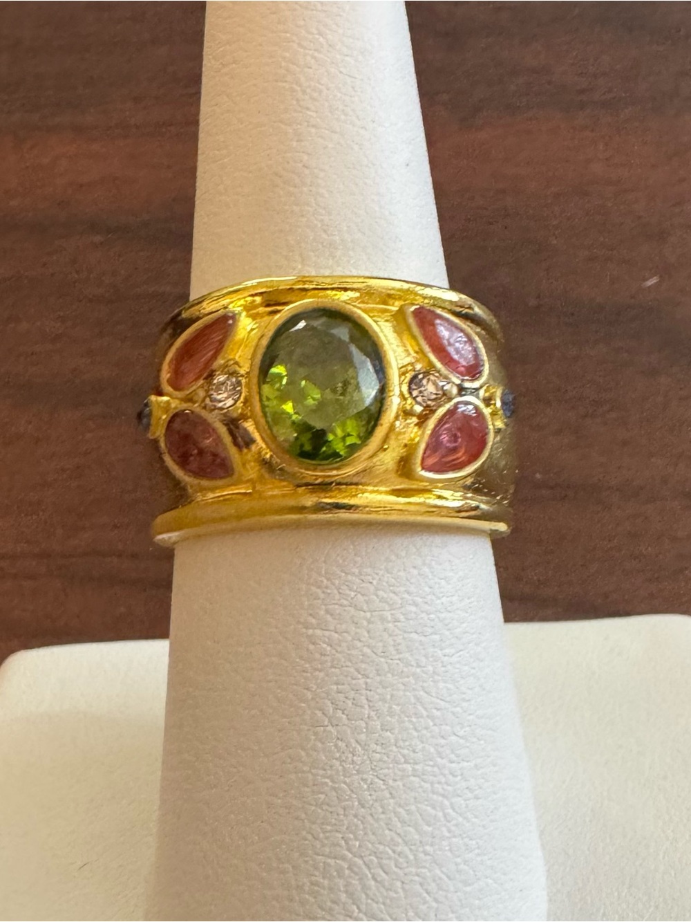 Vintage Gold Tone Green & Pink Cabochon Statement Ring Size 8